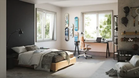 Ventana abatible de PVC en dormitorio juvenil con escritorio