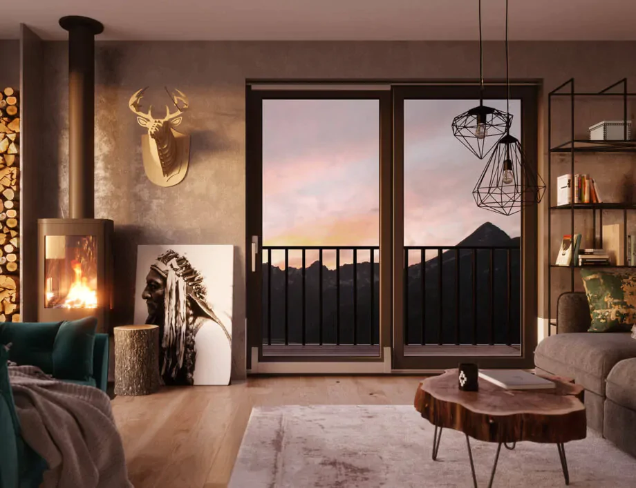 Ventanas osciloparalelas de PVC marrones en salón acogedor con chimenea y vistas al atardecer